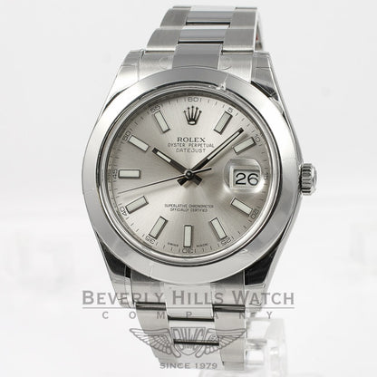 Rolex Datejust II 41mm Stainless Steel Oyster Bracelet Smooth Bezel Silver Stick Dial Watch 16300 Beverly Hills Watch Company Watches
