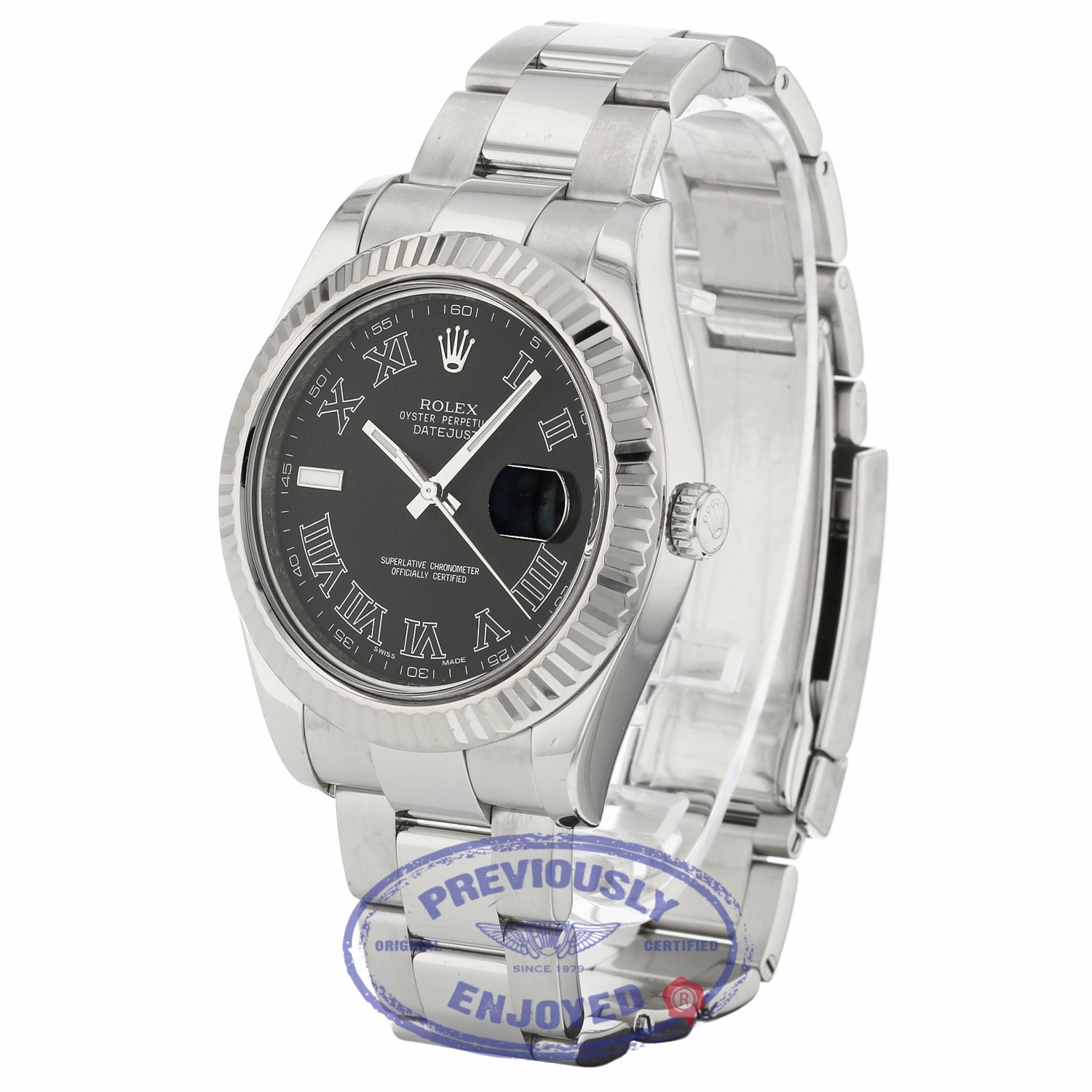 Rolex Datejust II 41mm Stainless Steel Oyster Bracelet White Gold Fluted Bezel Dark Grey Roman Dial 116334 NKPMQ9 - Beverly Hills Watch Company
