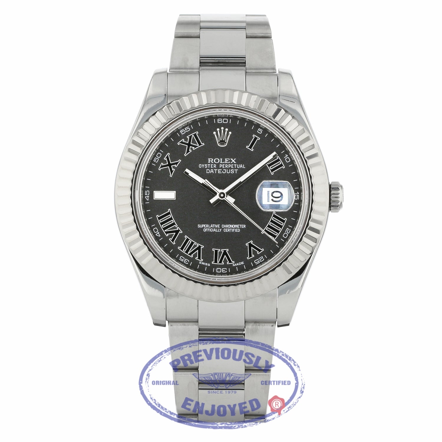 Rolex Datejust II 41mm Stainless Steel Oyster Bracelet White Gold Fluted Bezel Dark Grey Roman Dial 116334 NKPMQ9 - Beverly Hills Watch Company
