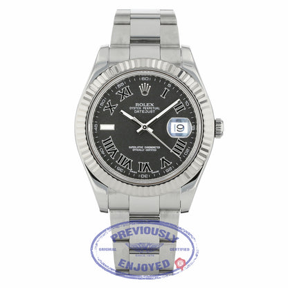 Rolex Datejust II 41mm Stainless Steel Oyster Bracelet White Gold Fluted Bezel Dark Grey Roman Dial 116334 NKPMQ9 - Beverly Hills Watch Company