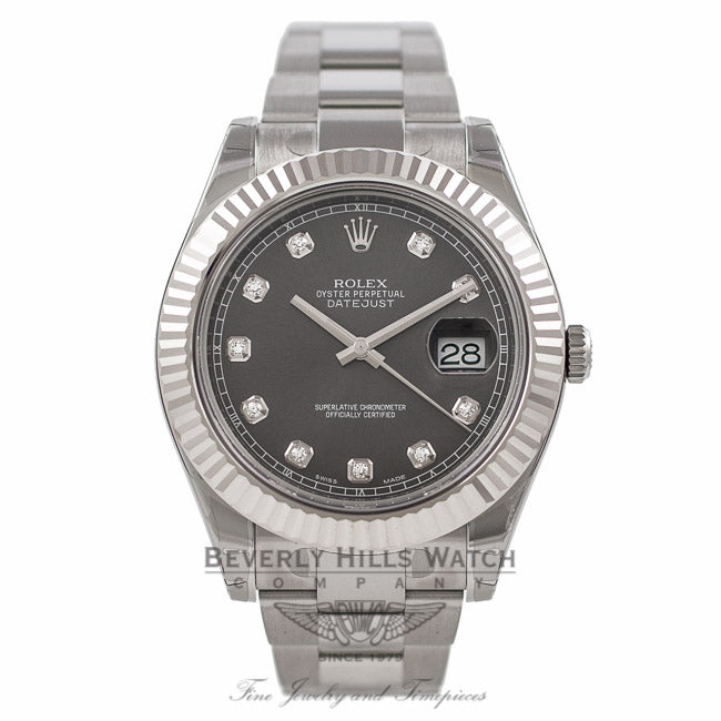 Rolex Datejust II 41MM 18k White Gold Fluted Bezel Slate Diamond Dial 116334 PUFZ5M - Beverly Hills Watch Company Watch Store