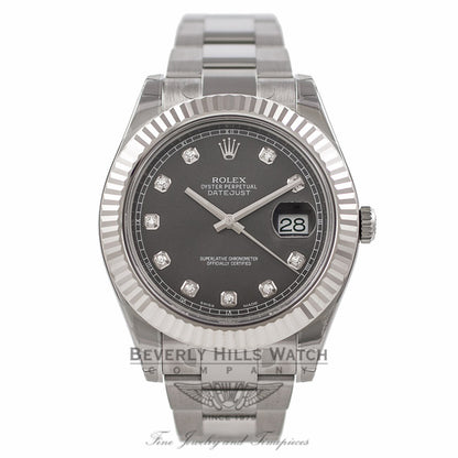 Rolex Datejust II 41MM 18k White Gold Fluted Bezel Slate Diamond Dial 116334 PUFZ5M - Beverly Hills Watch Company Watch Store