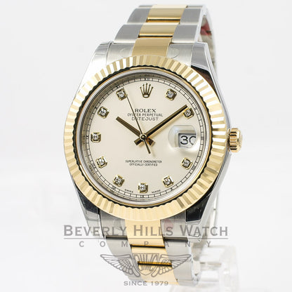 Rolex Datejust II Stainless Steel and Yellow Gold Oyster Bracelet Fluted Bezel Ivory Diamond Dial Watch 116333 Beverly Hills Watch Company Watches