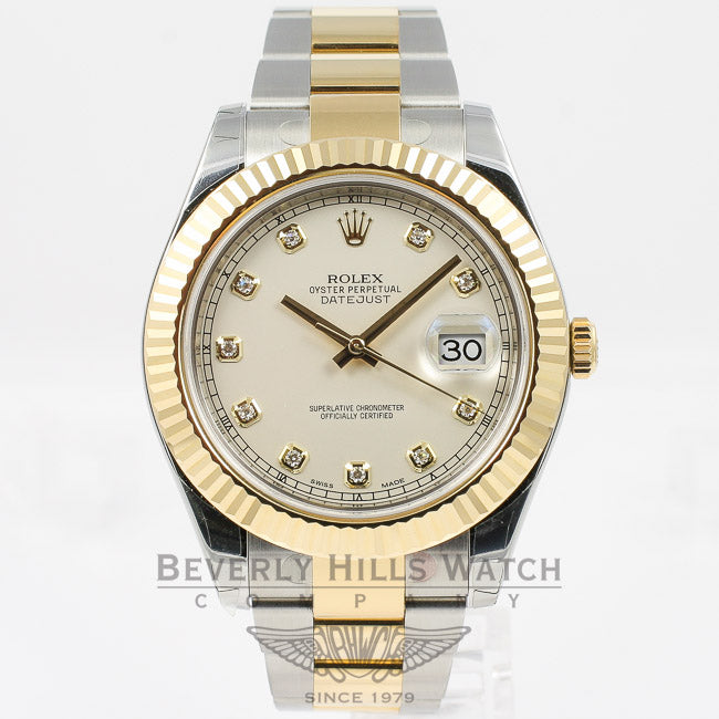 Rolex Datejust II Stainless Steel and Yellow Gold Oyster Bracelet Fluted Bezel Ivory Diamond Dial Watch 116333 Beverly Hills Watch Company Watches
