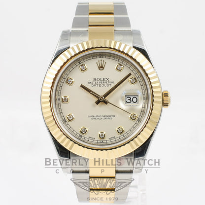 Rolex Datejust II Stainless Steel and Yellow Gold Oyster Bracelet Fluted Bezel Ivory Diamond Dial Watch 116333 Beverly Hills Watch Company Watches