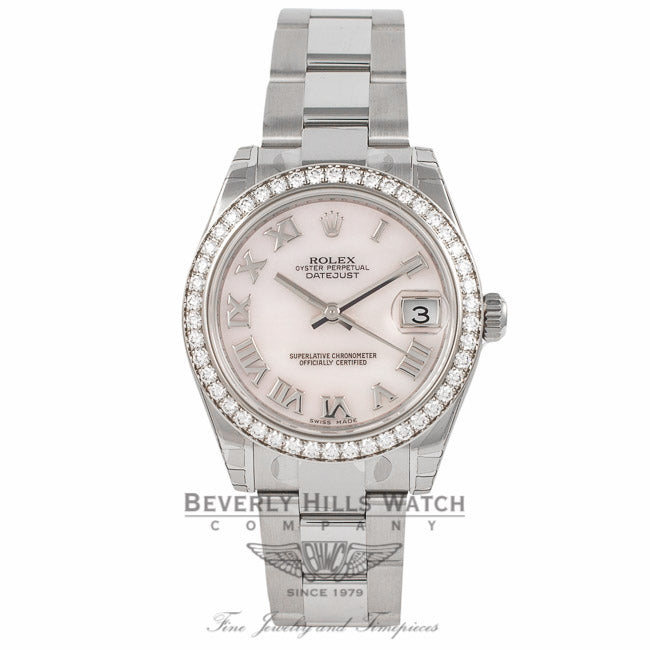 Rolex DateJust 18k White Gold Diamond Bezel Pink Mother of Pearl 31MM 178384 - Beverly Hills Watch Company Watch Store