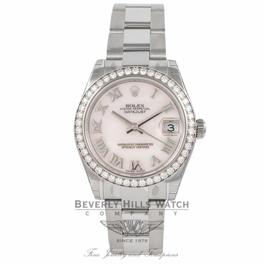 Rolex DateJust 18k White Gold Diamond Bezel Pink Mother of Pearl 31MM 178384 - Beverly Hills Watch Company Watch Store