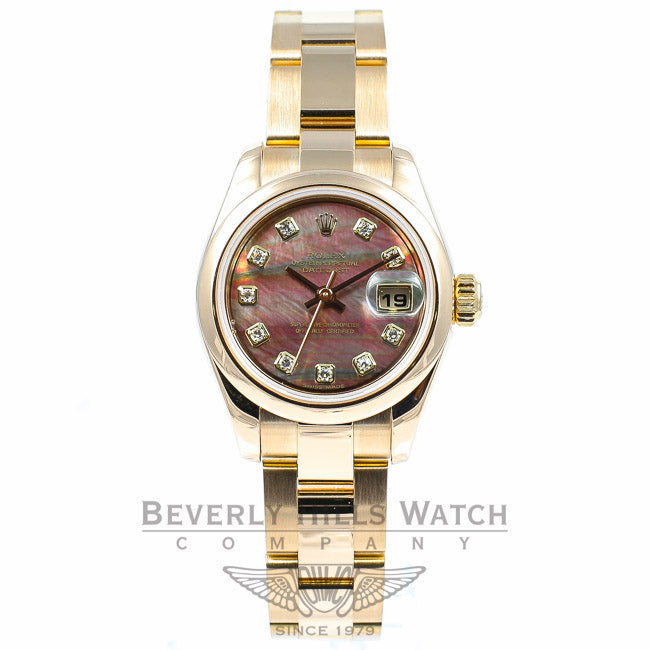 Rolex Datejust Rose Gold Oyster Bracelet Black Mother of Pearl Diamond Dial Ladies Watch 179165 Beverly Hills Watch Company Watches