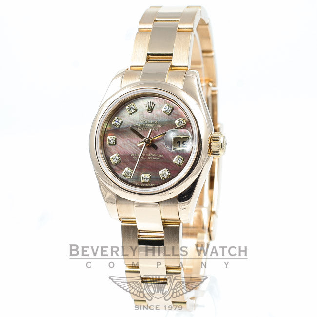 Rolex Datejust Rose Gold Oyster Bracelet Black Mother of Pearl Diamond Dial Ladies Watch 179165 Beverly Hills Watch Company Watches