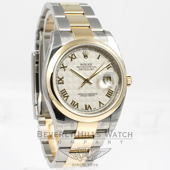Rolex Datejust 36mm Stainless Steel and Yellow Gold Oyster Bracelet Domed Bezel Ivory Pyramid Roman Numeral Dial Watch 116203 Beverly Hills Watch Company Watches