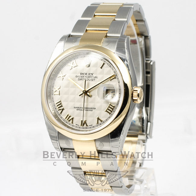 Rolex Datejust 36mm Stainless Steel and Yellow Gold Oyster Bracelet Domed Bezel Ivory Pyramid Roman Numeral Dial Watch 116203 Beverly Hills Watch Company Watches