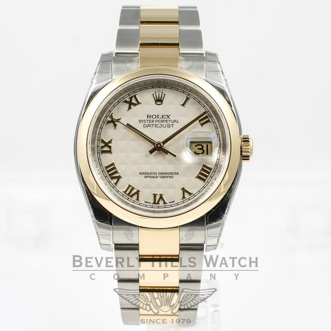 Rolex Datejust 36mm Stainless Steel and Yellow Gold Oyster Bracelet Domed Bezel Ivory Pyramid Roman Numeral Dial Watch 116203 Beverly Hills Watch Company Watches