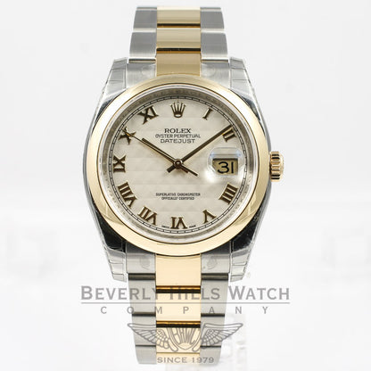 Rolex Datejust 36mm Stainless Steel and Yellow Gold Oyster Bracelet Domed Bezel Ivory Pyramid Roman Numeral Dial Watch 116203 Beverly Hills Watch Company Watches
