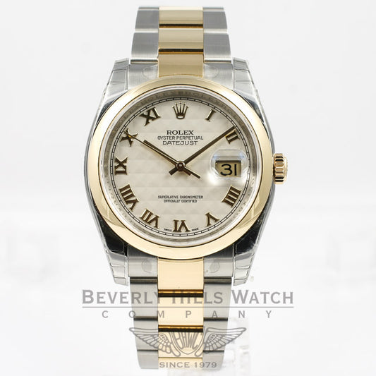 Rolex Datejust 36mm Stainless Steel and Yellow Gold Oyster Bracelet Domed Bezel Ivory Pyramid Roman Numeral Dial Watch 116203 Beverly Hills Watch Company Watches