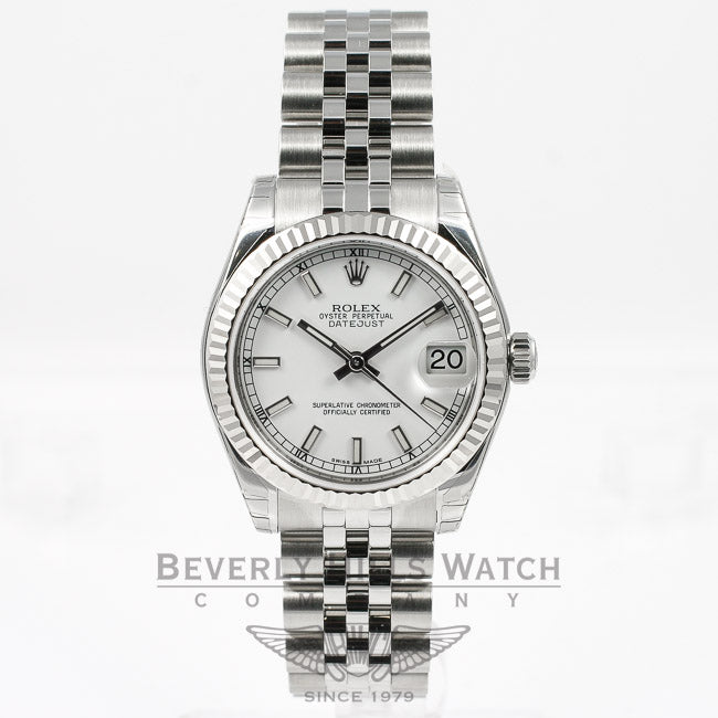 Rolex Datejust 31mm Stainless Steel Jubilee Bracelet Fluted Bezel White Stick Dial Watch 178274 If you are looking for a Luxury Watch Store in Beverly Hills, come and see us at Beverly Hills Watch Company