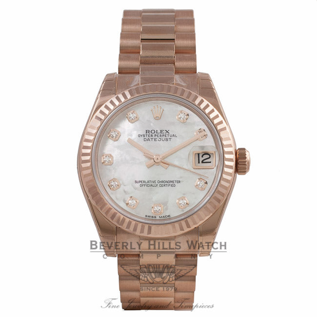 Rolex Datejust 31mm 18k Rose Gold President Bracelet Fluted Bezel White Mother of Pearl Diamond Dial 178275 12HE1H - Beverly Hills Watch Company Watch Store