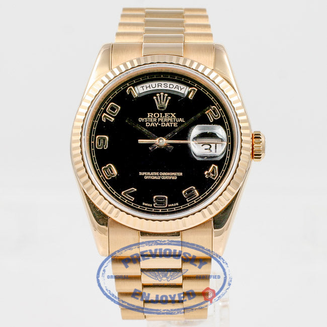Rolex Day Date 36mm Rose Gold President Black Dial 118235 - Beverly Hills Watch Company