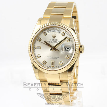 Rolex Day Date 18K Yellow Gold Oyster Bracelet 36mm Silver Diamond Dial Watch 118238 Beverly Hills Watch Company Watches