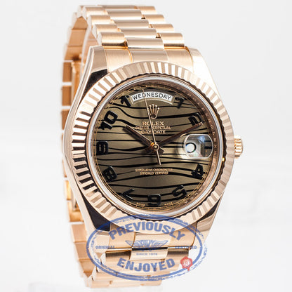 Rolex President Day Date II Everose Gold President Bracelet Fluted Bezel Bronze Wave Arabic Dial 41mm Watch 218235 Beverly Hills Watch Company Watch Store