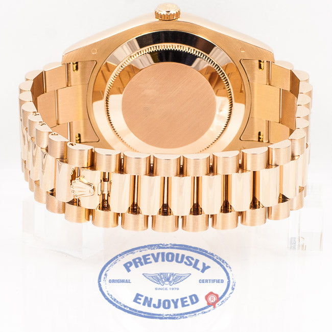 Rolex President Day Date II Everose Gold President Bracelet Fluted Bezel Bronze Wave Arabic Dial 41mm Watch 218235 Beverly Hills Watch Company Watch Store