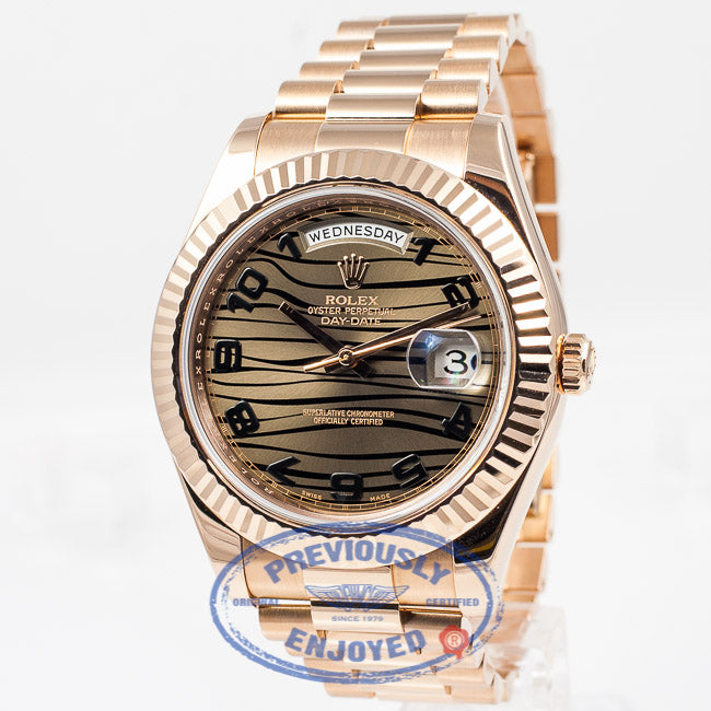 Rolex President Day Date II Everose Gold President Bracelet Fluted Bezel Broze Wave Arabic Dial 41mm Watch 218235 Beverly Hills Watch Company Watch Store