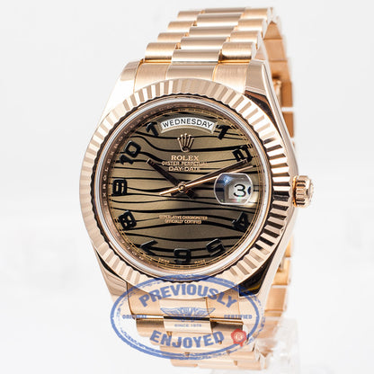 Rolex President Day Date II Everose Gold President Bracelet Fluted Bezel Broze Wave Arabic Dial 41mm Watch 218235 Beverly Hills Watch Company Watch Store