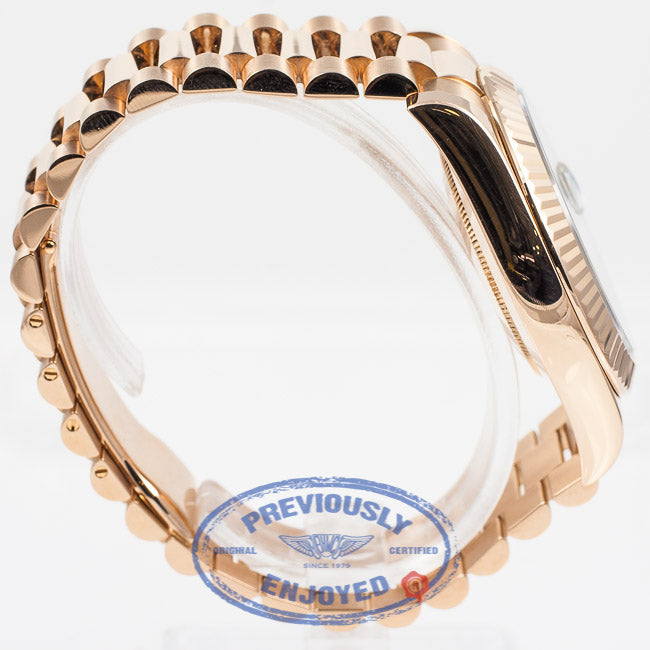 Rolex President Day Date II Everose Gold President Bracelet Fluted Bezel Broze Wave Arabic Dial 41mm Watch 218235 Beverly Hills Watch Company Watch Store