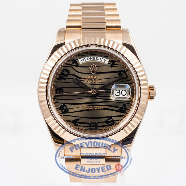 Rolex President Day Date II Everose Gold President Bracelet Fluted Bezel Bronze Wave Arabic Dial 41mm Watch 218235 Beverly Hills Watch Company Watch Store
