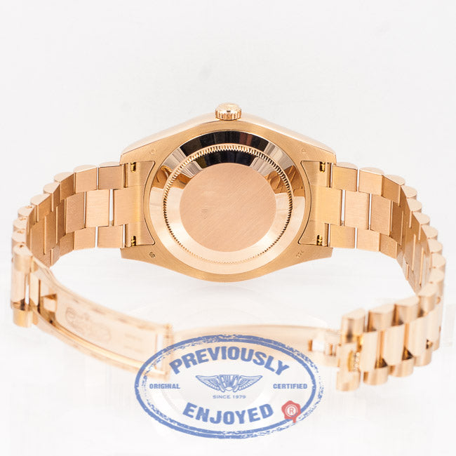 Rolex President Day Date II Everose Gold President Bracelet Fluted Bezel Bronze Wave Arabic Dial 41mm Watch 218235 Beverly Hills Watch Company Watch Store
