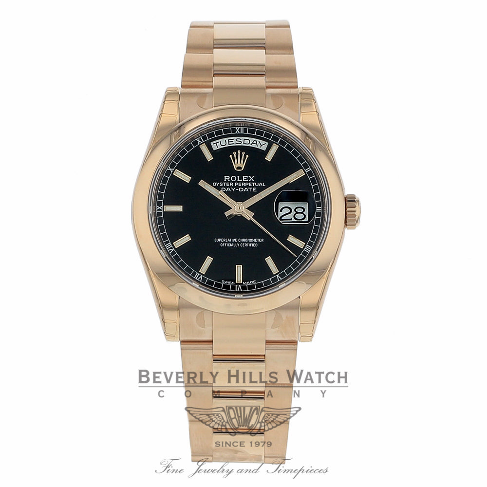 Rolex Day-Date 36mm 18k Rose Gold Black Dial 118205 1A5H7R - Beverly Hills Watch
