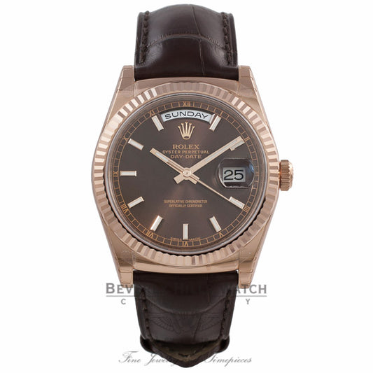 Rolex Day Date 36MM Everose Chocolate Dial Tobacco Alligator Strap 118135 WAVJJ3 - Beverly Hills Watch Store