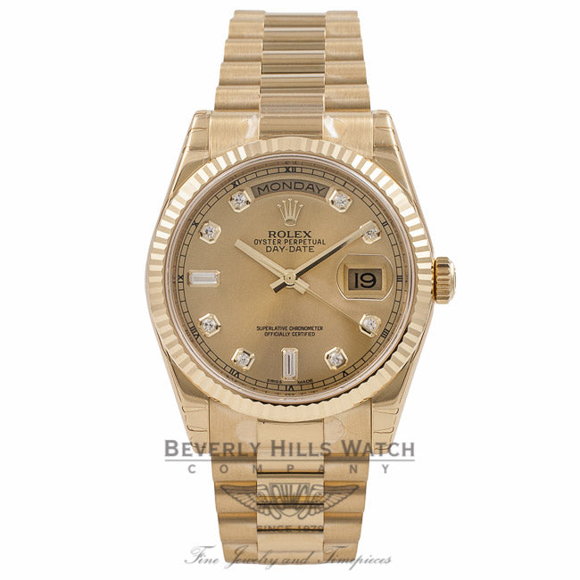 Rolex Day-Date President Bracelet 18K Yellow Gold Fluted Bezel Champagne Diamond Dial 118238 - Beverly Hills Watch Company Watch Store