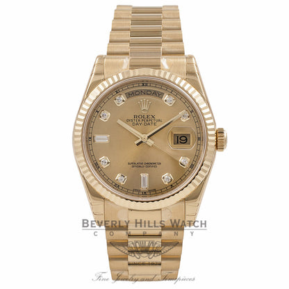 Rolex Day-Date President Bracelet 18K Yellow Gold Fluted Bezel Champagne Diamond Dial 118238 - Beverly Hills Watch Company Watch Store