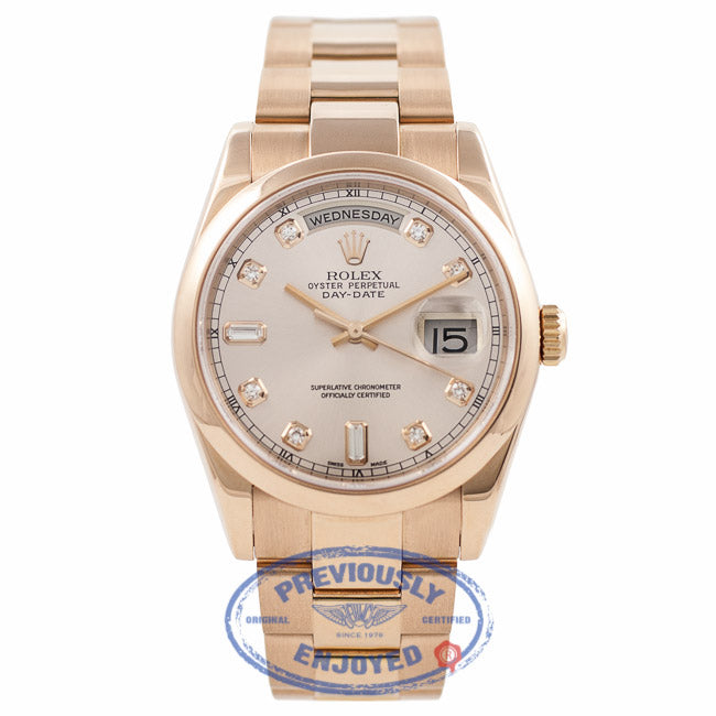 Rolex Day-Date President 36MM 18k Rose Gold Domed Bezel Pink Diamond Markings 118205 4IXT6C - Beverly Hills Watch Company