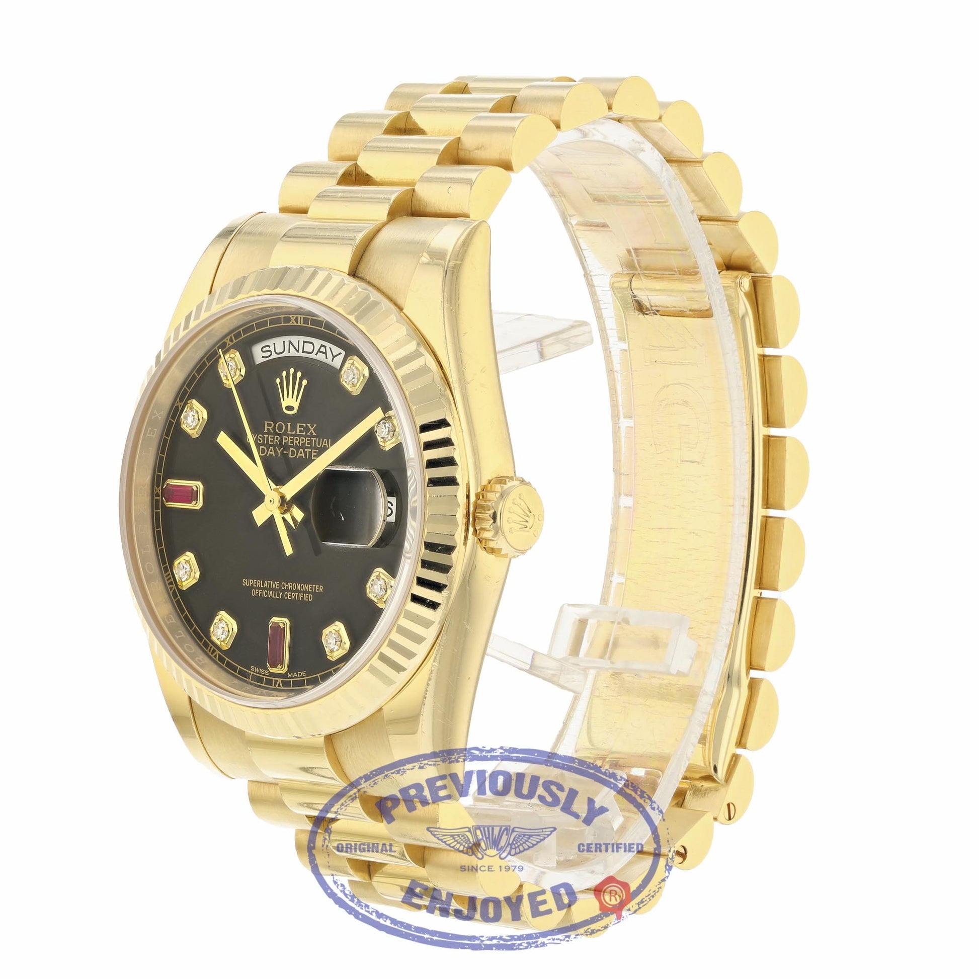 Rolex Day-Date President 36mm Yellow Gold Fluted Bezel Black Diamond and Ruby Dial 118238 JN1R9E