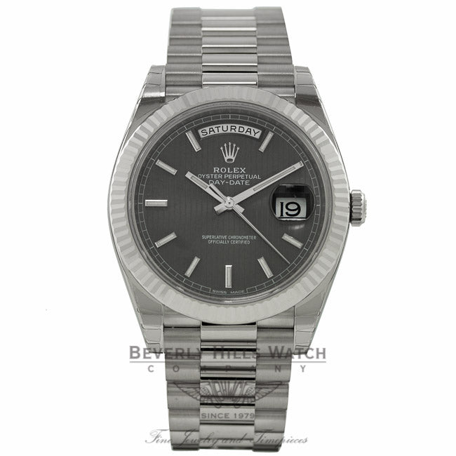 Rolex Day-Date 40mm 18k White Gold Fluted Bezel Dark Rhodium Stripe Motif Dial 228239 QJ8N0M - Beverly Hills Watch Company
