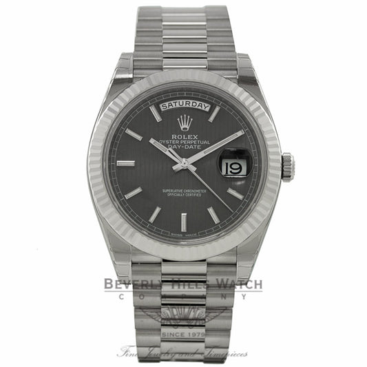 Rolex Day-Date 40mm 18k White Gold Fluted Bezel Dark Rhodium Stripe Motif Dial 228239 QJ8N0M - Beverly Hills Watch Company