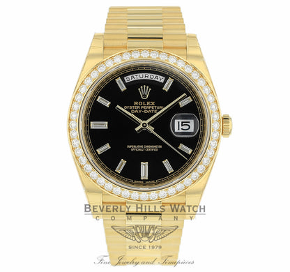 Rolex Day-Date 40mm 18k Yellow Gold Diamond Bezel Black Baguette Diamond Dial President 228348 8C1TFM - Beverly Hills Watch Company