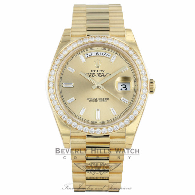 Rolex Day-Date 40mm 18k Yellow Gold Diamond Bezel Champagne Baguette Diamond Dial President 228348 8C1TFM - Beverly Hills Watch Company