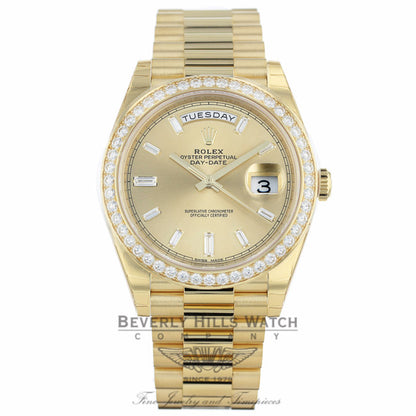 Rolex Day-Date 40mm 18k Yellow Gold Diamond Bezel Champagne Baguette Diamond Dial President 228348 8C1TFM - Beverly Hills Watch Company