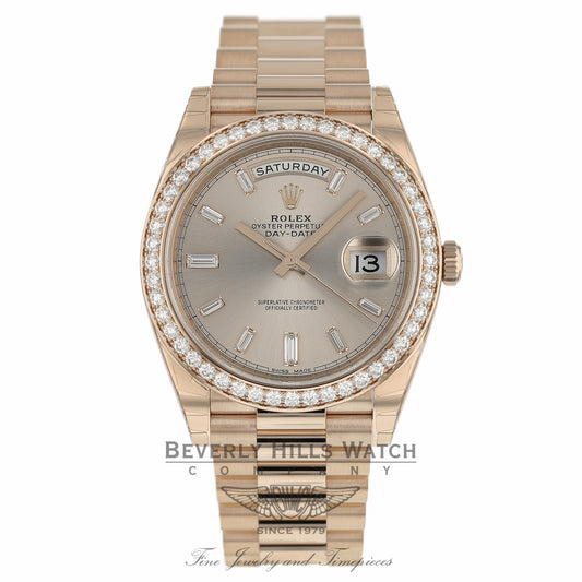 Rolex Day-Date 40mm Everose Gold President Sundust Diamond Baguette Dial 228345 J1N9DM - Beverly Hills Watch