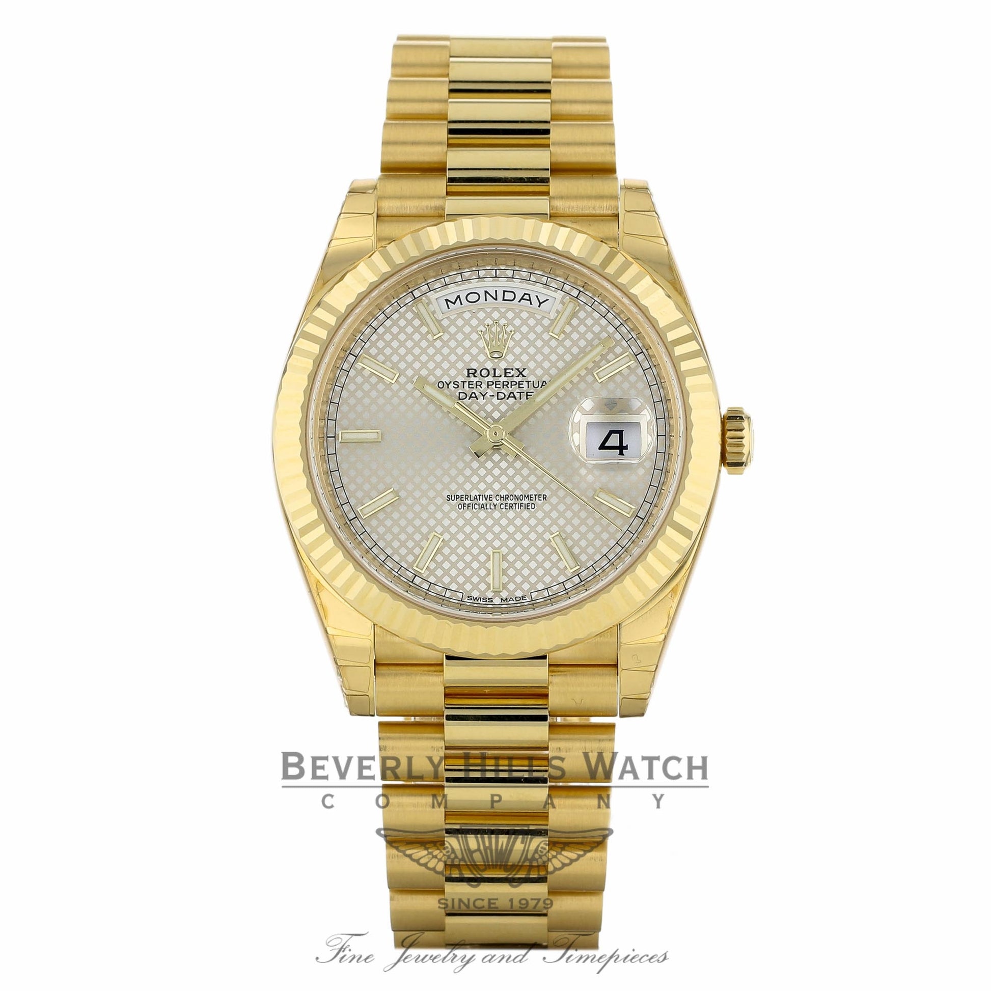 Rolex Day-Date President 40MM Yellow Gold Fluted Bezel Silver Motif Dial 228238 2554X4 - Beverly Hills Watch Company