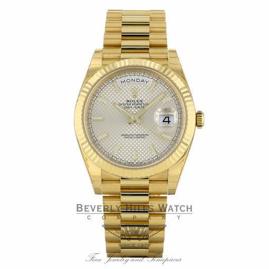 Rolex Day-Date President 40MM Yellow Gold Fluted Bezel Silver Motif Dial 228238 2554X4 - Beverly Hills Watch Company