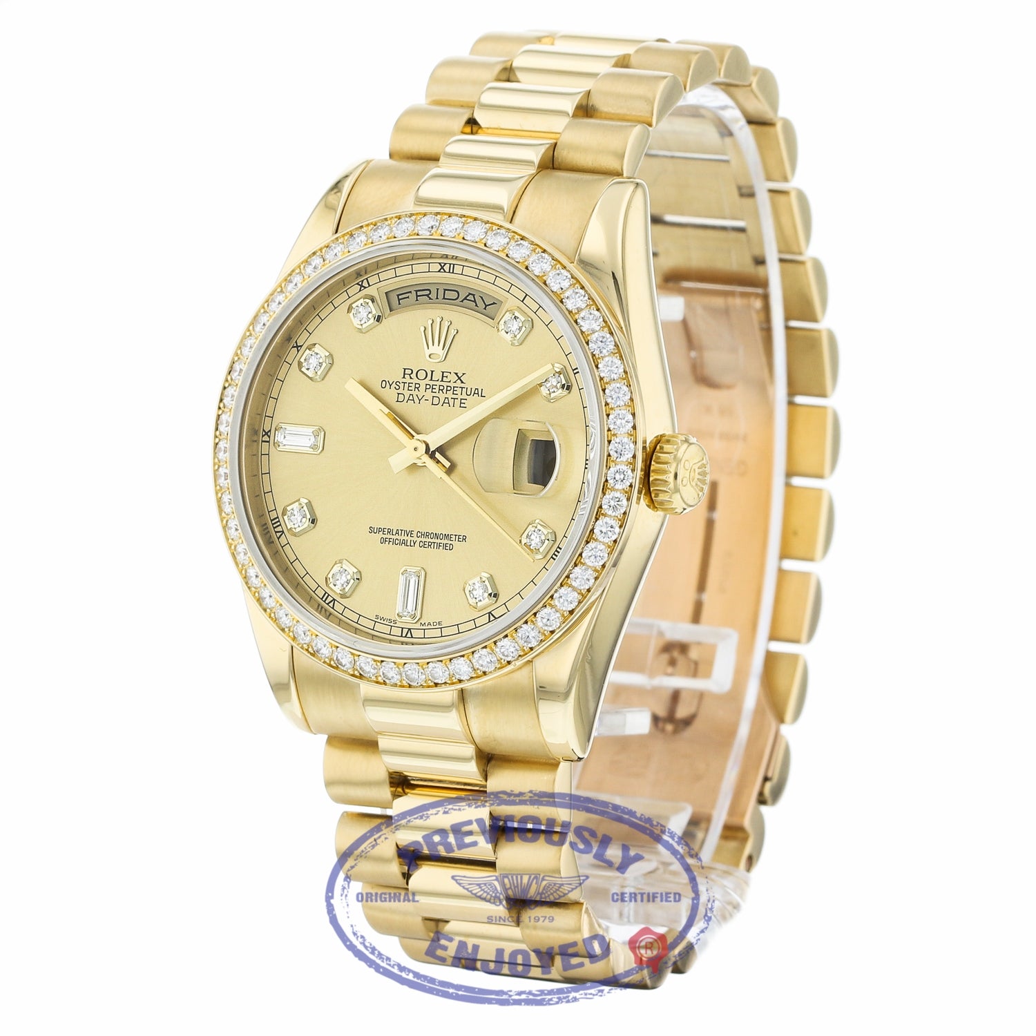 Rolex Day-Date President 36MM 18k Yellow Gold Diamond Bezel Champagne Diamond Dial 118348 AVEC20 - Beverly Hills Watch Company