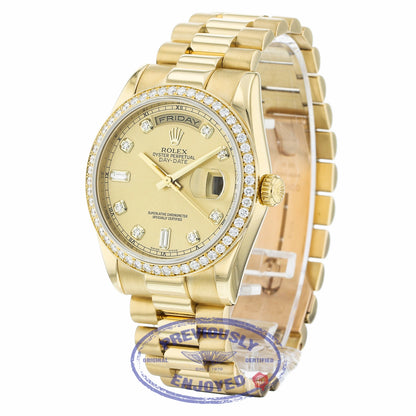 Rolex Day-Date President 36MM 18k Yellow Gold Diamond Bezel Champagne Diamond Dial 118348 AVEC20 - Beverly Hills Watch Company