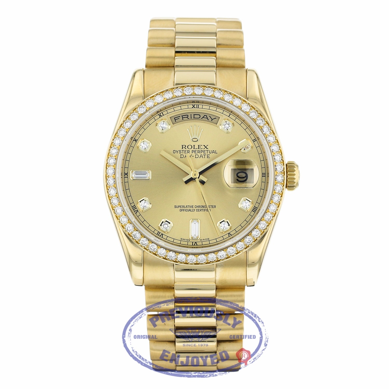 Rolex Day-Date President 36MM 18k Yellow Gold Diamond Bezel Champagne Diamond Dial 118348 AVEC20 - Beverly Hills Watch Company