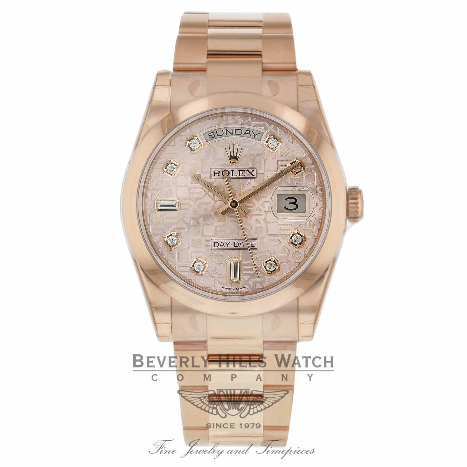 Rolex Day-Date Automatic 36mm 18k Rose Gold Pink Jubilee Diamond Dial Smooth Bezel Oyster Bracelet 118205 X51K9J - Beverly Hills Watch Company