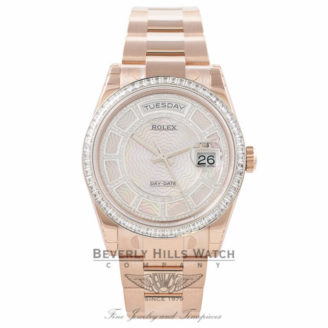 Rolex Day-Date Sertie 36MM Carrousel Mother of Pearl 18k Rose Gold Diamond Bezel 118395 4T1VQZ - Beverly Hill Watch Company Watch Store