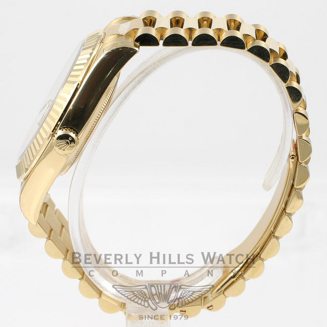 Rolex Day Date II 41mm 18K Yellow Gold President Bracelet Fluted Bezel Silver Roman Dial Watch 218238 Beverly Hills Watch Company Watches