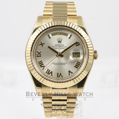 Rolex Day Date II 41mm 18K Yellow Gold President Bracelet Fluted Bezel Silver Roman Dial Watch 218238 Beverly Hills Watch Company Watches